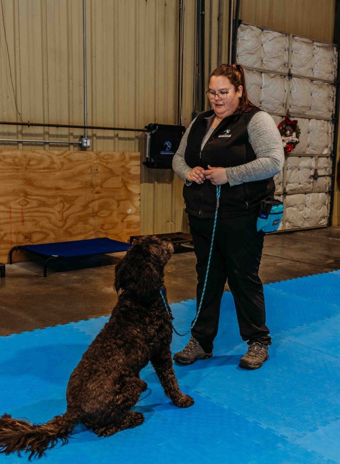 A dog trainer works with a dark-colored dog on a blue mat in an indoor gymnasium during a training session.
